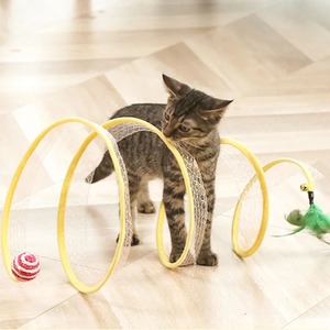 고양이와 강아지를 위한 S자형 개폐식 터널 장난감 공과 깃털이 있는 대화형 고양이 훈련 장난감 작은 애완 동물