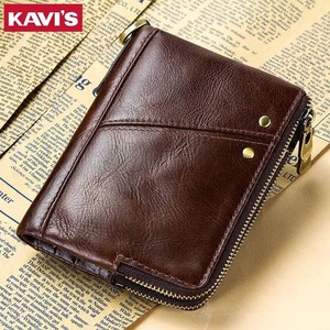 KAVIS 정품 가죽 바이커 지갑 철제 체인 도난 방지 RFID 보호 신용 카드 홀더 남성 패션 동전 지갑