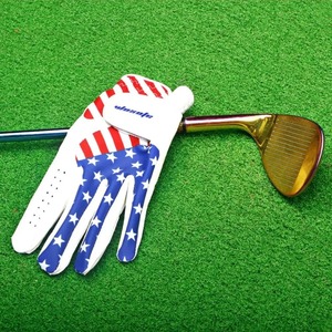남성용 왼손 골프 장갑 조정 가능한 클로저 미국 국기 패턴 내마모성 합성 가죽 골프 장갑 1PC