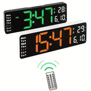 LED 대형 디지털 벽시계 리모컨 온도 날짜 표시 밝기 조절식 듀얼 알람 시계 홈 데코 13/16 인치