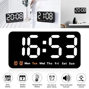 전자 벽시계 온도 날짜 표시 테이블 시계 벽걸이 디지털 LED 알람 시계 가정용 12 시간 24 시간 음성 제어