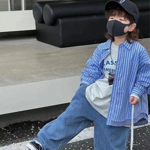아동복 긴팔 스트라이프 셔츠 아기 용수철 가을 코트 남아 라펠 캐주얼 셔츠 얇은 2024 신상 유행