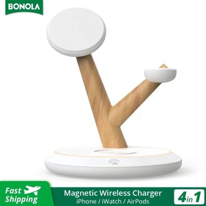 Bonola 우드 마그네틱 무선 충전기 4 in 1 스탠드 아이폰 15 프로 13 14 애플 워치 에어팟 프로용 맥세이프 무선 충전기